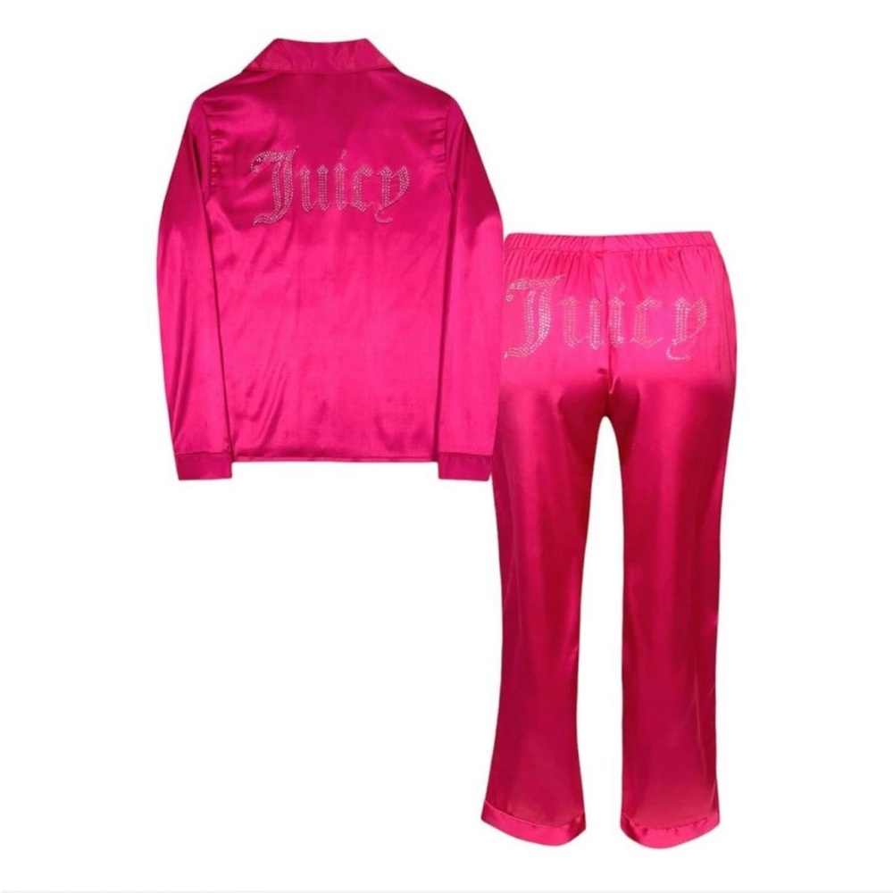 Juicy Couture Pink Long Sleeve Satin Rhinestone Pajama Set - Picture 2 of 4